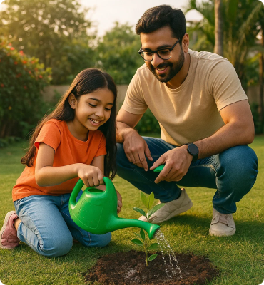 Child and adult planting saplings together, symbolizing Bhoovedyam’s mission to empower all generations toward regenerative farming practices.