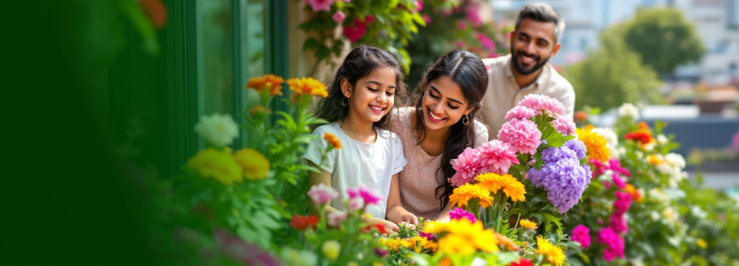A smiling family gardening with vibrant flowers around. Caption: Cultivating Healthier Gardens, Naturally.